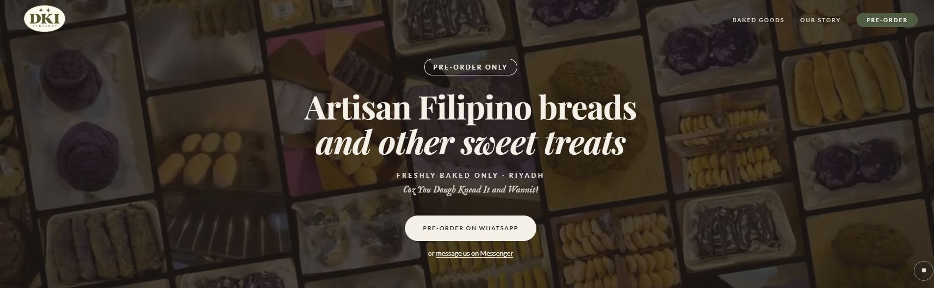 Dough Knead It bakery website, with bread photography, expressive serif typography and a clear pre-order action