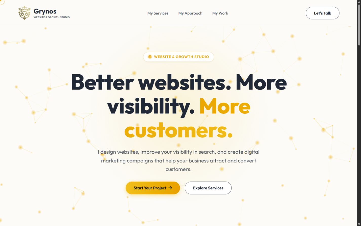 The Grynos website with its cream background, amber accents and clear service message